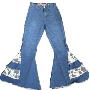Cowgirl Hardware Flare Bell Bottom Girls Western Jeans with Cow Print Accents